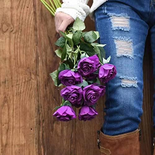 Laelfe 12 pcs Artificial Roses Flowers Long Stem Fake Silk Rose for Home Wendding Decorations (Purple) - color: Purple