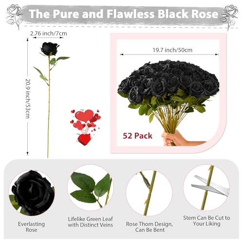 Fanfantoey Black Roses Artificial Flowers Bulk, 52Pcs Fake Roses Flower Arrangement, DIY Silk Flowers Roses Bouquet, Realistic Faux Artificial Roses for Mother's Day Home Table Decor