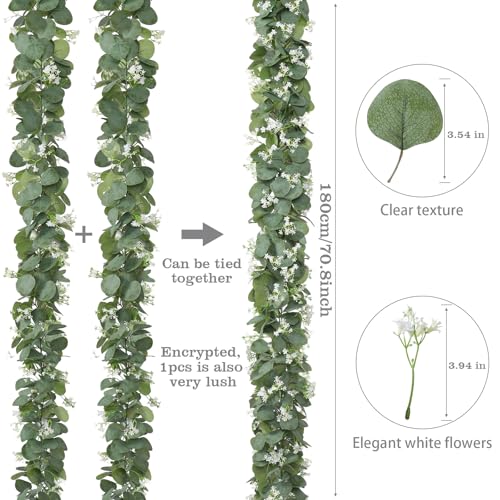 KHOYIME Eucalyptus Garland with White Flowers, 4 Packs 5.9Ft Artificial Silver Dollar Eucalyptus Leaves Plant Fake Greenery Hanging Ivy Vines Faux Wreath for Wedding Arch Party Mantle Table Home Decor - color: 4pcs
