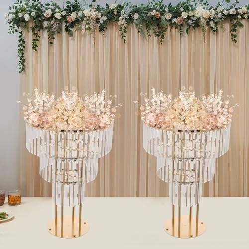 2Pcs 3 Tiers Wedding Centerpieces Vase, 28.34" Tall Wedding Centerpieces Crystal Flower Stand, 3-Tier Crystal Vase with 11" Round Base for Party Event Home Decoration (Gold) - color: 3 Tiers+gold+11"round Base