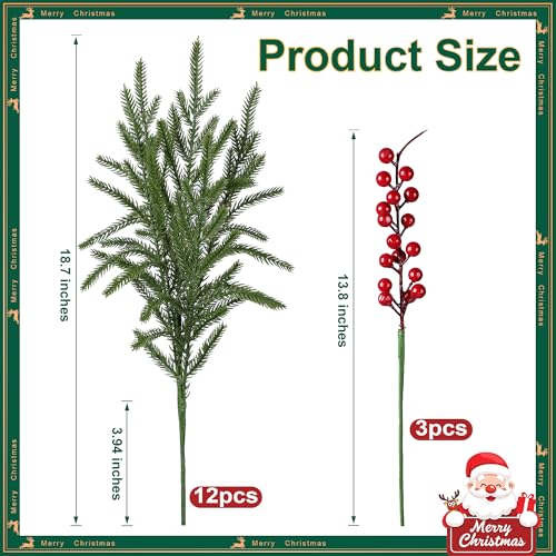 florisso Artificial Faux Christmas Norfolk Pine Stems Branches for Vases,12 Bundles Fake Evergreen Real Touch Greenery Stem with 3 PCS Red Berry Branches for Xmas Holiday Winter Table Indoor Decor - color: Red Berries