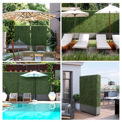 Artificial Boxwood Hedge Wall with Dark Grey Planter Box, Greenery Fake Faux Grass Panels Backdrop Divider 48" WX48 HX14 D - size: 48"WX48"HX14"D