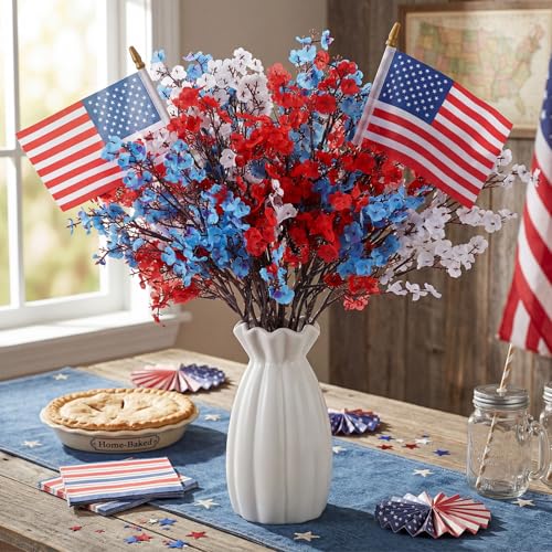 Tigeen 14 Pcs 4th of July Decor Red White Blue Artificial Flower Patriotic Decoration Fake Baby Flower with 2 Flag 250th Anniversary Table Centerpiece for Memorial Veterans Independence Day Home Decor - style: Baby Breath