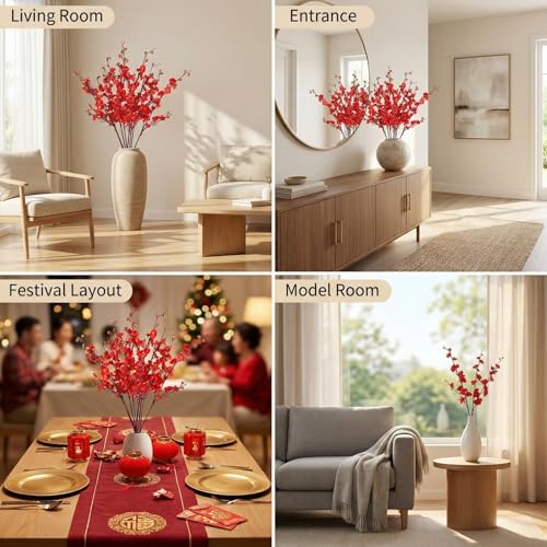 8pcs Red Cherry Blossom Branches Artificial Flowers for Winter Spring Indoor Decoration, 36" Plum Fake Peach Plants for Wedding Home Office Bedroom Party Decor (red, 36in) - color: Red, size: 36.6 inches