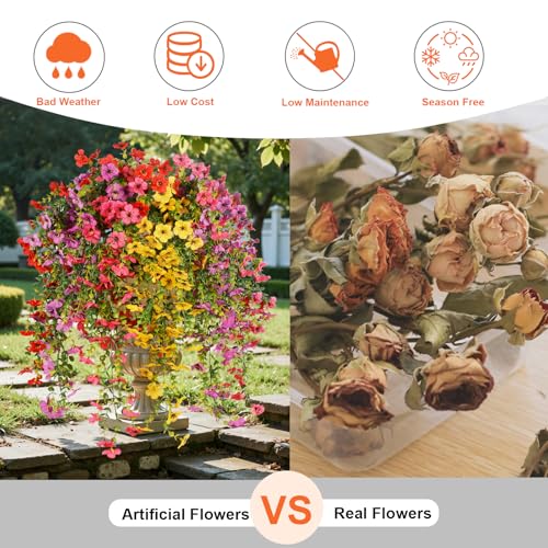 Artificial Hanging Flowers for Outdoor Decor, 6 Bundles UV Resistant Faux Silk Flowers, Fake Hanging Plants for Porch Patio Yard Planter Indoor Home Decoration(Fuchsia, Red, Purple, Yellow) - color: 4 Multicolor