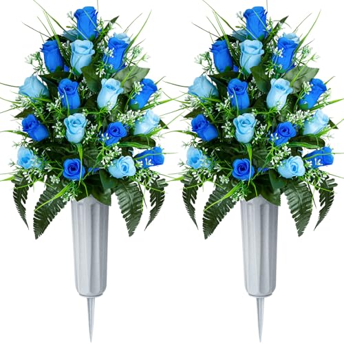 Artificial Cemetery Flowers - Set of 2 Grave Memorial Rose Flowers with Vase for Cemetery Headstones Gravesites Decoration (Dark Blue & Light Blue) - color: Dark Blue & Light Blue