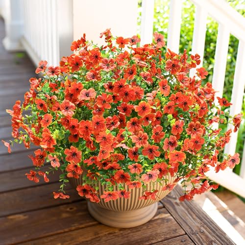 HyeFlora Artificial Fall Flowers Faux Mums for Outdoor Indoor Garden Home Decoration, Faux Flower Daisy with Eucalyptus Leaves Fake Mums Plants Greenery Boxwood Porch Patio, 12 Bundles (Orange) - color: Orange