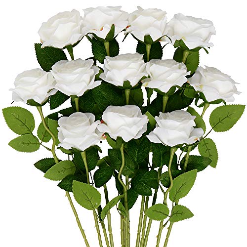Mocoosy 12 PCS White Rose Artificial Flowers, Fake Roses with Long Stem Realistic Silk Rose Bouquets Wedding Mother's Day Decorations Faux Floral Arrangement Bridal Shower Party Home Table Decor - color: White