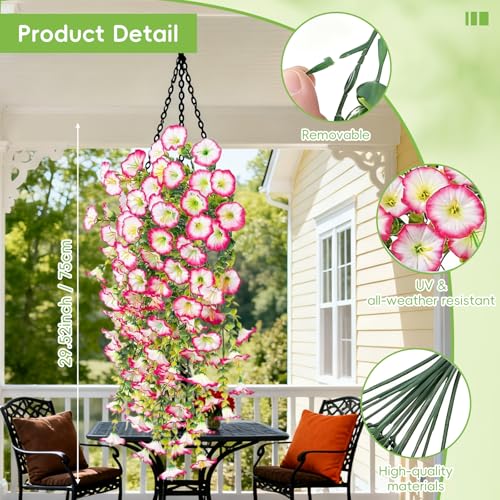 Artificial Hanging Flowers for Outdoor, 6PCS Red White and Blue Artificial Hanging Petunias Flowers, 4th of July UV Resistant Realistic Faux Morning Glory for Outside Patio Memorial Day Decor - color: Red White Blue