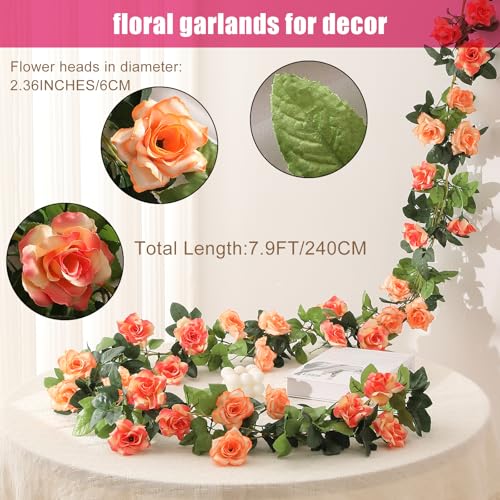 JUSTOYOU 2 Pack (15.8FT) Fake Rose Garland, Artificial Rose Vines Flowers Hanging Silk Rose Vine Wedding Home Backdrop Party Arch Arrangement Decoration - color: Sunset Red