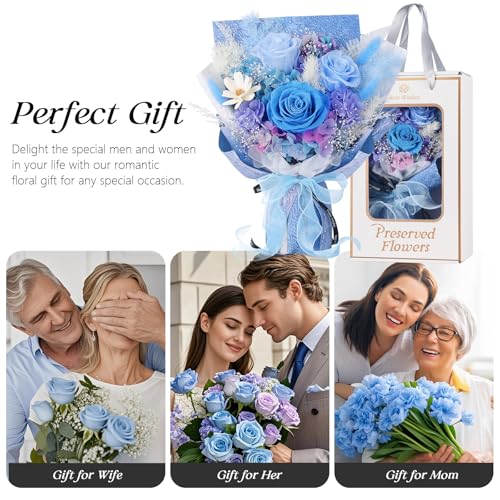 Preserved Flowers Bouquet 3 Roses - Blue Real Rose & Flowers for Delivery, Long-Lasting Flower with Gift Box, Eternal Roses Bouquet for Mothers, Mom, Wife Anniversary Birthday Gifts for Women and Men - color: Blue