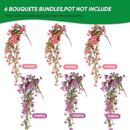 6 Bundles Artificial Flowers for Outdoors, UV Resistant Fake Hanging Flower, Realistic Silk Flowers for Indoor Outside Garden Patio Balcony Farmhouse Porch (Purple, Fuchsia) - color: Purple&fuchsia