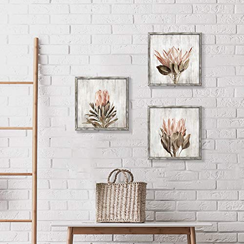 Pink Floral Wall Art Picture: Blossom Protea Flower Artwork Print on Rustic Wood Framed for Home Decor (12” x 12” x 3 Panels) - color: Wood Pink flower, size: 12'' x 12'' x 3 Panels