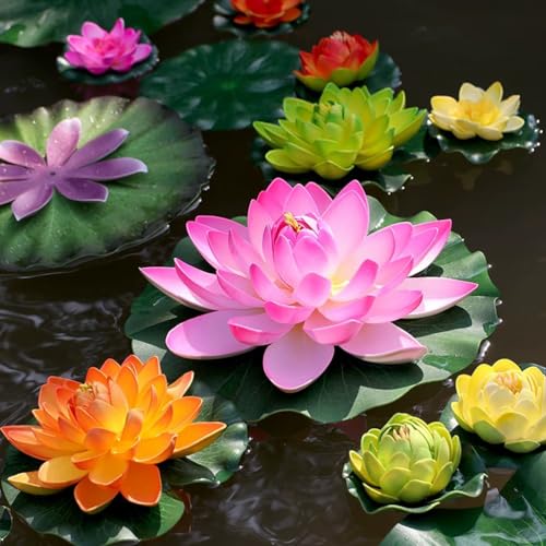 14pcs Lily Pad for Ponds, Artificial Lotus, Realistic Water Floating Foam Lotuses, Fake Lily Pad for Home Garden Patio Pond - color: 14 Colourful