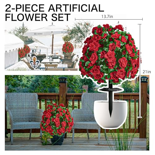Artificial Flowers for Outdoors, Faux Outdoor Plants Fake Plants Topiary Balls Artificial Outdoor Set of 2 with Ground Spike for Home Front Porch Patio Garden Decor (Red) - color: Red