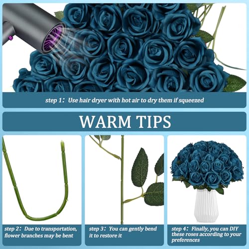 30pcs Fake Roses Artificial Silk Flowers Long Stems Bouquet for Wedding Bridal Shower Party Home Decoration (Teal) - color: Teal
