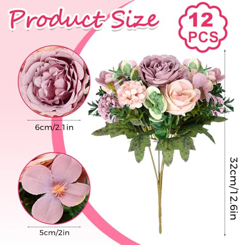 Olgaa 12 Bundles Peonies Artificial Flowers Silk Flowers Faux Peony Fake Peony Hydrangea Flower Bouquet Bulk for Vase Filler Centerpiece Table Decorations Wedding Arch Flowers (Champagne Purple) - color: Champagne Purple