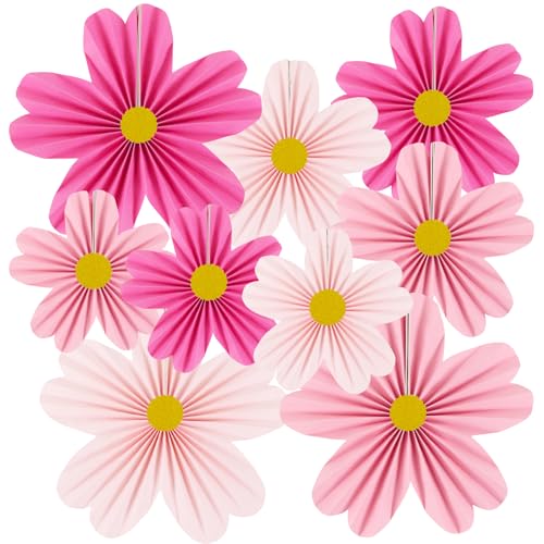 YUNXUAN Pink Party Decorations Paper Fan Paper Flowers Decorations for Wall Flower Backdrop Classroom Baby Shower Birthday Flower Wall Decor Pack of 9 Pink - color: Pink