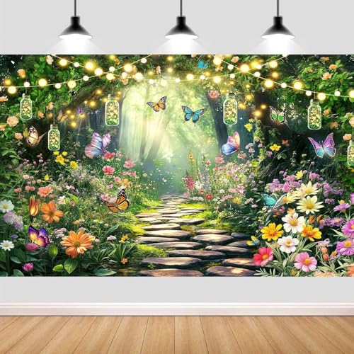 5X3ft Enchanted Forest Backdrop Butterfly Fairy Tale Wonderland Garden Photography Background Wedding Birthday Baby Shower Party Cake Table Decoration Photo Booth Props Wall Decor Banner - color: Multi5, size: 5X3FT