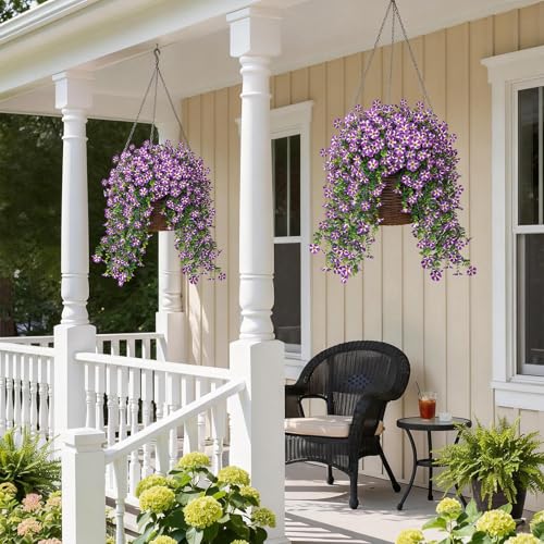 VIERENA 4 Bundles Artificial Hanging Morning Glory Flowers for Outdoor, Realistic Hanging Flowers Silk Fake Morning Glory with Faux Eucalyptus for Yard Garden Porch Patio Balcony Home Decor (Purple) - color: Purple