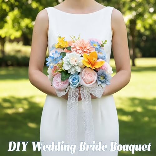 Artificial Flowers Combo, Yellow Blue Pink Silk Flowers Roses Dahlia Mix, Fake Flowers with Stems for DIY Bridal Bouquets Floral Arrangement Table Centerpieces Home Wedding Cake Decorations - color: Pink, Blue, Yellow