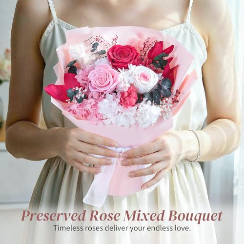Lewondr Flower for Delivery, Preserved Flowers Bouquet, Pink Roses Bouquet, Real Long-Lasting Forever Birthday Flowers Gifts for Mom Women Wife Grandma Her Mothers Day Anniversary, Light Rose - color: Pink