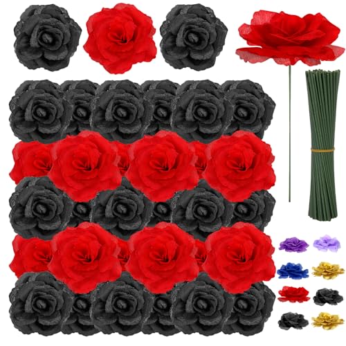 108pcs Roses Head Flowers with Stem - Red Black Artificial Flowers Rose Bulk - Silk Rose Fake Flower for Graduation Casino Theme Hollywood New Years Movie Night Birthday Decorations - color: Red-black