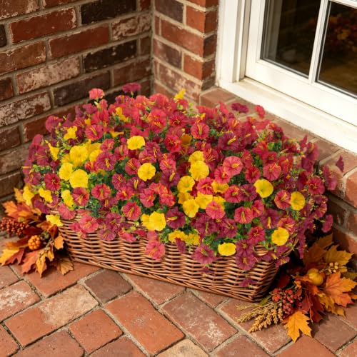 ADXORA 12 PCS Fake Fall Morning Glory Mums Artificial Flowers for Outdoors | UV Resistant Plastic Plants Artificial Greenery for Indoor Outdoor Garden Patio Window Box Home Decor - color: Yellow Brown Grayish-red