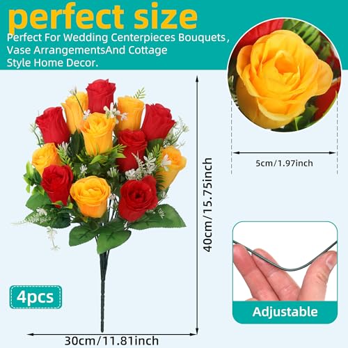 Artificial Rose Bouquets Fake Roses Flowers Set of 4 Realistic Silk Flowers for Cemetery Headstone Home Wedding Decoration UV Resistant No-Fading(Red Yellow) - color: Red Yellow
