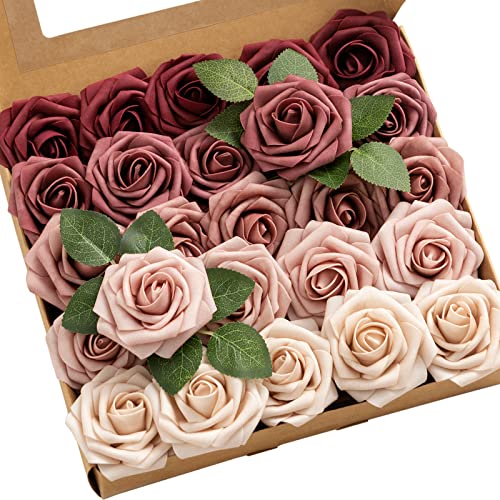 Ling's moment Artificial Flowers, 25Pcs 3" Roses in Burgundy Mauve Shades, Realistic DIY Foam Floral Fill for Wedding Bouquets/Centerpieces, Outdoor Party Backdrops, Room/Table, and Pot Decorations - color: Shades of Burgundy & Mauve, size: 25Pcs