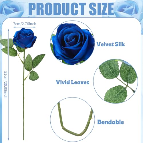90 Pcs Royal Blue Velvet Rose Artificial Flowers with Long Stems, Fake Silk Roses Real Touch Fake Roses Florals for Birthday Wedding Bouquet Party Arrangement Decorations - color: Royal Blue