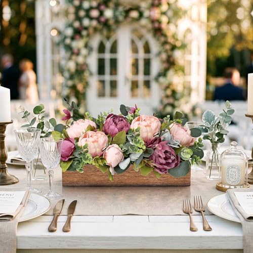 Pre-Made Flower Table Centerpieces for Dining Room Wedding Artificial Peony Table Decorations Wood Tray with Fake Flowers for Living Room Party Bar Kitchen Table(Dusty Mauve & Blush Pink) - color: Dusty Mauve & Blush Pink
