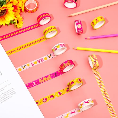 FYSUIMU 12 Rolls Softball Washi Tape Softball Birthday Party Decorations Sports Ball Masking Tape Set Pink Yellow Decorative Wrapping Paper Tapes for Scrapbook Journal DIY Art Crafts - style: Softball