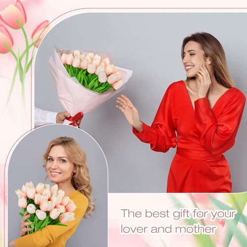 Lyrow 30 Pcs Tulips Artificial Bouquet Flowers Faux Tulips for Home Kitchen Wedding Decorations,Gift Idea for Easter Decor Mother's Day Birthdays(Pink) - color: Pink