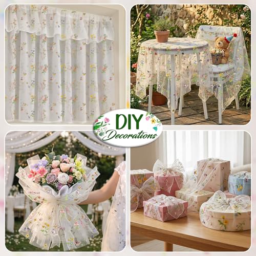 AerWo Embroidery Sage Floral Table Runner 120 Inch 10FT, White Floral Runners for Tables Flower Decorations for Party, Flower Runner for Table Kitchen & Dining, Party and Event Centerpiece