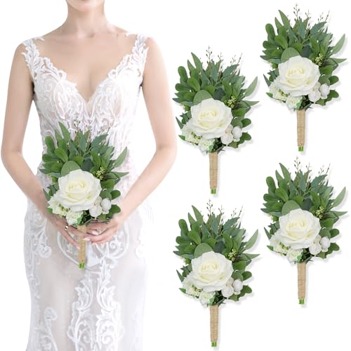 8 Inch Bridesmaid Bouquets Set of 4 - Ivory Artificial Flowers Greenery Bouquet for Wedding, Silk Small Floral Bouquet for Ceremony and Anniversary Marriage Proposal Centerpiece Decorations - color: Ivory Rose, size: 4pcs
