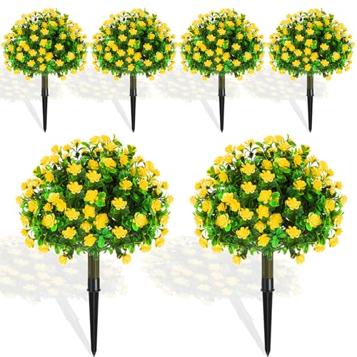Yunlly Set of 6 Artificial Boxwood Topiary Ball Tree 16 Inch Outdoor Topiary Tree with Flower Fake Bushes, UV Resistance Faux Shrubs Evergreen Plant with Spike for Front Porch Indoor Decor (Yellow) - color: Yellow