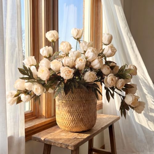 Thiccywoov 12 Pcs Faux Peony Stems Flowers Bulk Vintage Artificial Silk Peonies Stems Real Look Fake Peonies Branch for Vase Filler DIY Bouquet Centerpiece Home Indoor Outdoor Decor (Light Champagne) - color: Light Champagne
