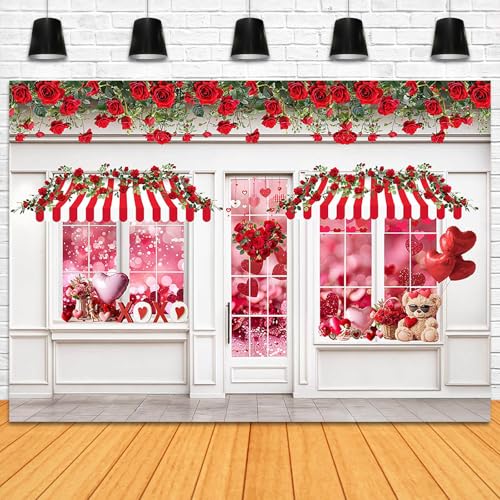 Valentines Photography Backdrop 7x5ft Valentines Shop Red Rose White Wall Photo Background Flowers Shop Wedding Bridal Shower Banner Photo Booth Props