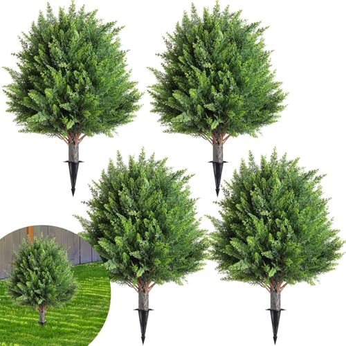 Canlierr 4 Pcs 21 Inch Artificial Cedar Topiary Ball Trees with Ground Spike, Cypress Plants UV Resistant Shrubs Fake Bushes for Outdoor Indoor Front Porch Garden Decor