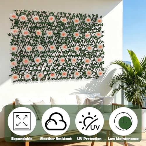 Expandable Fence Privacy Screen with Artificial Flower, Greenery Expandable Stretchable Covers Panel Privacy Fence for Balcony Patio Garden, Single Sided Leaves (Pink Rose, 1 Pack) - color: Pink Rose, size: 1 Pack