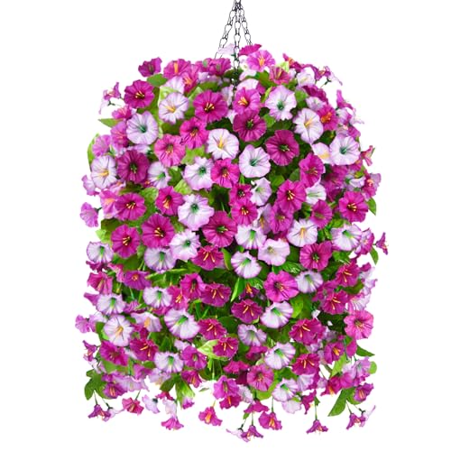 Artificial Faux Hanging Flowers Plants Baskets for Outdoor Spring Summer Decorations,Resistant Fake Morning Glory Silk Plants for Outside UV Resistant Patio Yard Home Porch Decor(Light purple) - color: Light Purple
