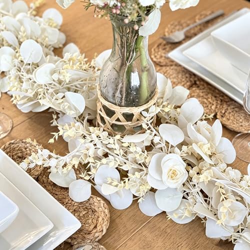CQURE 2Pack Eucalyptus Garland,Artificial Eucalyptus Leaves Flowers Table Greenery Garland Wreath Vines for Wedding Party Fireplace Bedroom Room Decor - size: 17.7 Ft with Flowers -White