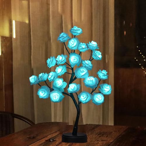 Rose Tree Lamp，Rose Flower Night Light, Led Tabletop Pink Tree Lights, Lower Lamp Girls Gift for Mother’S Day, Lighted Tabletop Tree for Christmas Wedding Decor Valentine’S Day - style: blue Rose