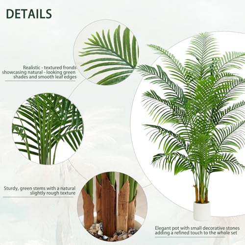 2 Pack Artificial Palm Tree Indoor Plant 7FT Tall Fake Tropical Palm Tree in Pot, Real Bark Design Faux Areca Palm Tree for Home Office Living Room Bedroom Farmhouse Modern Outdoor Topiary Tree - size: 7FT-2