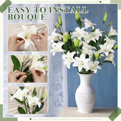 Dingion 6 Pcs 18 Heads Artificial Lily Flowers 31.5'' Mother's Day Lily Flowers Long Stem Fake Bouquet Latex Realistic 3 Big Flower Head 3 Bud for Tall Vase Home Table Wedding Decoration(White) - color: White