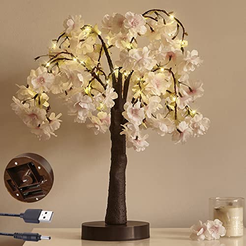 LITBLOOM Lighted Cherry Blossom Tree Pink 18IN 40 LED with Timer Artificial Tabletop Bonsai Tree Lights USB Plug or Battery Operated for Wedding Party Home Birthday Decoration - color: Pink Cherry