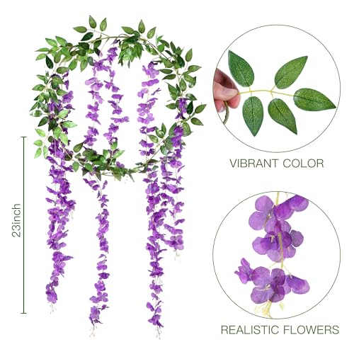 Sggvecsy 6Pcs Wisteria Garland Artificial Flowers Garland Fake Hanging Wisteria Vines Rattan Silk Hanging Flower Vines for Home Garden Outdoor Wedding Arch Party Ceremony Total 35.4Ft (Purple) - color: Purple