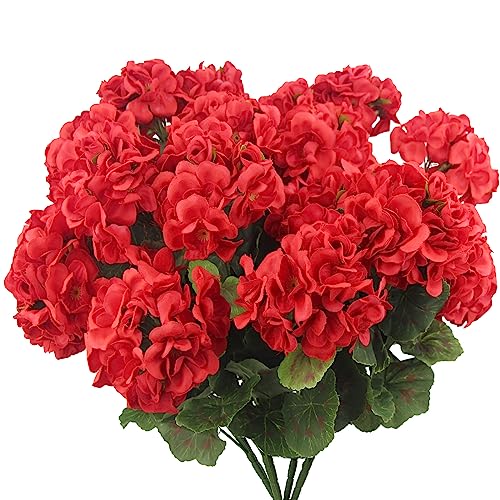 CISDUEO 4 Pcs Artificial Geranium Flowers for Outdoors Silk Geraniums Flowers Outdoor UV Resistant Red Fake Geranium Bush Faux Geraniums for Outdoor Planter Decor Indoor Garden Patio Table Centerpiece - color: Red