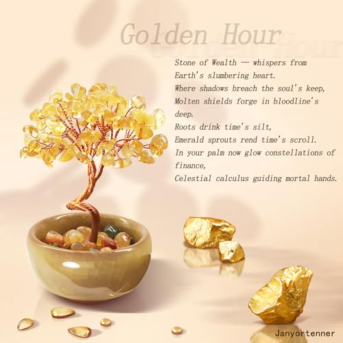 Mini Citrine Crystal Money Tree,Wealth Home Office Desk Decor,Handmade Copper Wire in Crackle Ceramic Base,Feng Shui Office Gift - color: 2-golden Hour